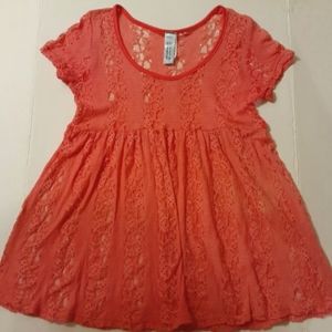 M-Fasis By California Blue Dark Coral Pink Short Sleeve Lacey Top Girls S